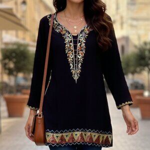 Black Sheer Embroidered Tunic (M) (NWOT)